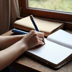 **

A woman writing in a notebook, cozy setting, possibly with a laptop nearby.  Focus on the personal, introspective feeling.

**