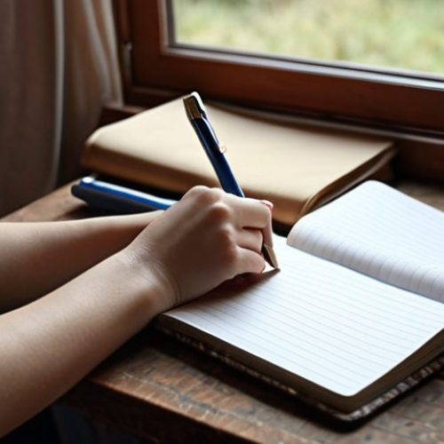 Home 4 **
A woman writing in a notebook, cozy setting, possibly with a laptop nearby. Focus on the personal, introspective feeling.
**