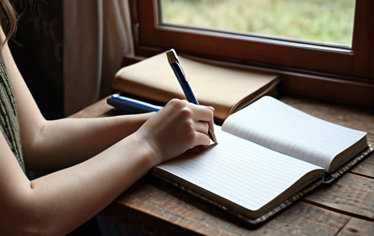 **
A woman writing in a notebook, cozy setting, possibly with a laptop nearby. Focus on the personal, introspective feeling.
**